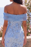 Off the Shoulder Blue Appliqued Wedding Guest Dress
