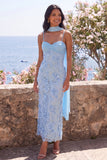 Blue Floral Lace Ruched Wedding Guest Dress with Scarf