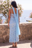 Blue Floral Lace Ruched Wedding Guest Dress with Scarf