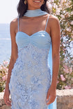 Blue Floral Lace Ruched Wedding Guest Dress with Scarf