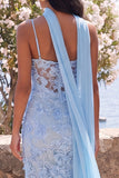 Blue Floral Lace Ruched Wedding Guest Dress with Scarf