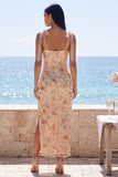 Sequin Floral Sheath Champagne Wedding Guest Dress with Slit