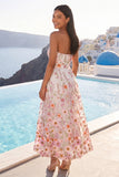 Strapless A Line Pink Floral Wedding Guest Dress