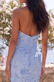 Halter Sheath Blue Floral Wedding Guest Dress