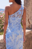 One Shoulder Blue Floral Mermaid Wedding Guest Dress