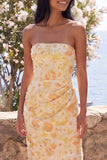 Strapless Yellow Floral Sheath Wedding Guest Dress