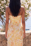 Strapless Yellow Floral Sheath Wedding Guest Dress