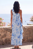 One Shoulder Blue Floral Wedding Guest Dress with Side Streamer