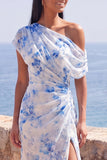 One Shoulder Blue Floral Wedding Guest Dress with Slit