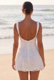 Floral A Line Bateau Neck Mini White Dress