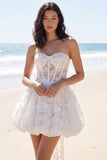 Strapless Floral Corset A Line Mini White Dress