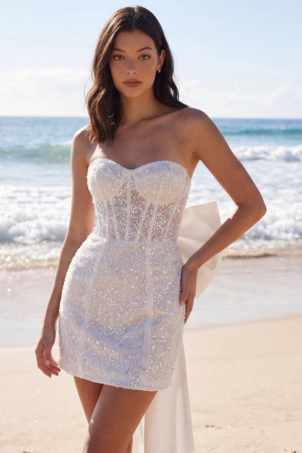 Berylove Women Sparkly White Dress Strapless Corset Sequin Bodycon Mini Bachelorette Party Dress with Bow Berylove Women Sparkly White Dress Strapless Corset Sequin Bodycon Mini Bachelorette Party Dress with Bow