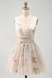 Tiered Floral A Line Ruched Mini White Dress