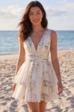 Tiered Floral A Line Ruched Mini White Dress