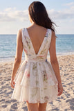 Tiered Floral A Line Ruched Mini White Dress