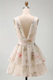 Tiered Floral A Line Ruched Mini White Dress
