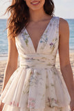 Tiered Floral A Line Ruched Mini White Dress