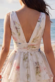 Tiered Floral A Line Ruched Mini White Dress