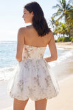 Strapless Floral A Line Mini White Dress