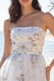 Strapless Floral A Line Mini White Dress