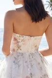 Strapless Floral A Line Mini White Dress