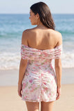 Off the Shoulder Floral Bodycon Ruched Light Pink Mini Dress