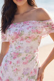 Off the Shoulder Floral Bodycon Ruched Light Pink Mini Dress