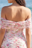 Off the Shoulder Floral Bodycon Ruched Light Pink Mini Dress