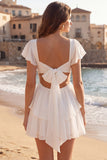 Tiered A Line Cut Out V Neck Mini White Dress with Bow