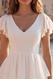 Tiered A Line Cut Out V Neck Mini White Dress with Bow