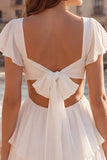Tiered A Line Cut Out V Neck Mini White Dress with Bow