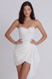 Strapless Corset Ruched Bodycon Mini White Dress with Streamer