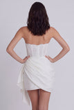 Strapless Corset Ruched Bodycon Mini White Dress with Streamer