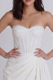 Strapless Corset Ruched Bodycon Mini White Dress with Streamer