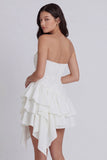 Tiered Ruched Strapless Ruffled A Line Mini White Dress