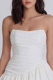 Tiered Ruched Strapless Ruffled A Line Mini White Dress