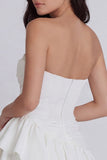 Tiered Ruched Strapless Ruffled A Line Mini White Dress