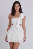 One Shoulder Cut Out Ruffled A Line Mini White Dress