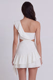 One Shoulder Cut Out Ruffled A Line Mini White Dress