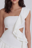 One Shoulder Cut Out Ruffled A Line Mini White Dress