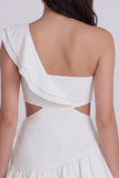 One Shoulder Cut Out Ruffled A Line Mini White Dress