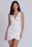 Satin Ruched Bodycon V Neck Mini White Dress