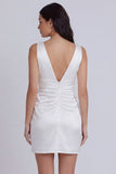 Satin Ruched Bodycon V Neck Mini White Dress