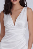 Satin Ruched Bodycon V Neck Mini White Dress