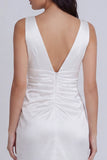 Satin Ruched Bodycon V Neck Mini White Dress