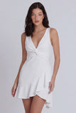 Ruched A Line V Neck Mini White Dress with Ruffles
