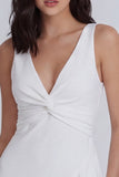 Ruched A Line V Neck Mini White Dress with Ruffles