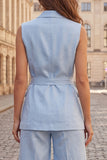 Light Blue 2 Piece Peaked Lapel Women's Suits with Belt