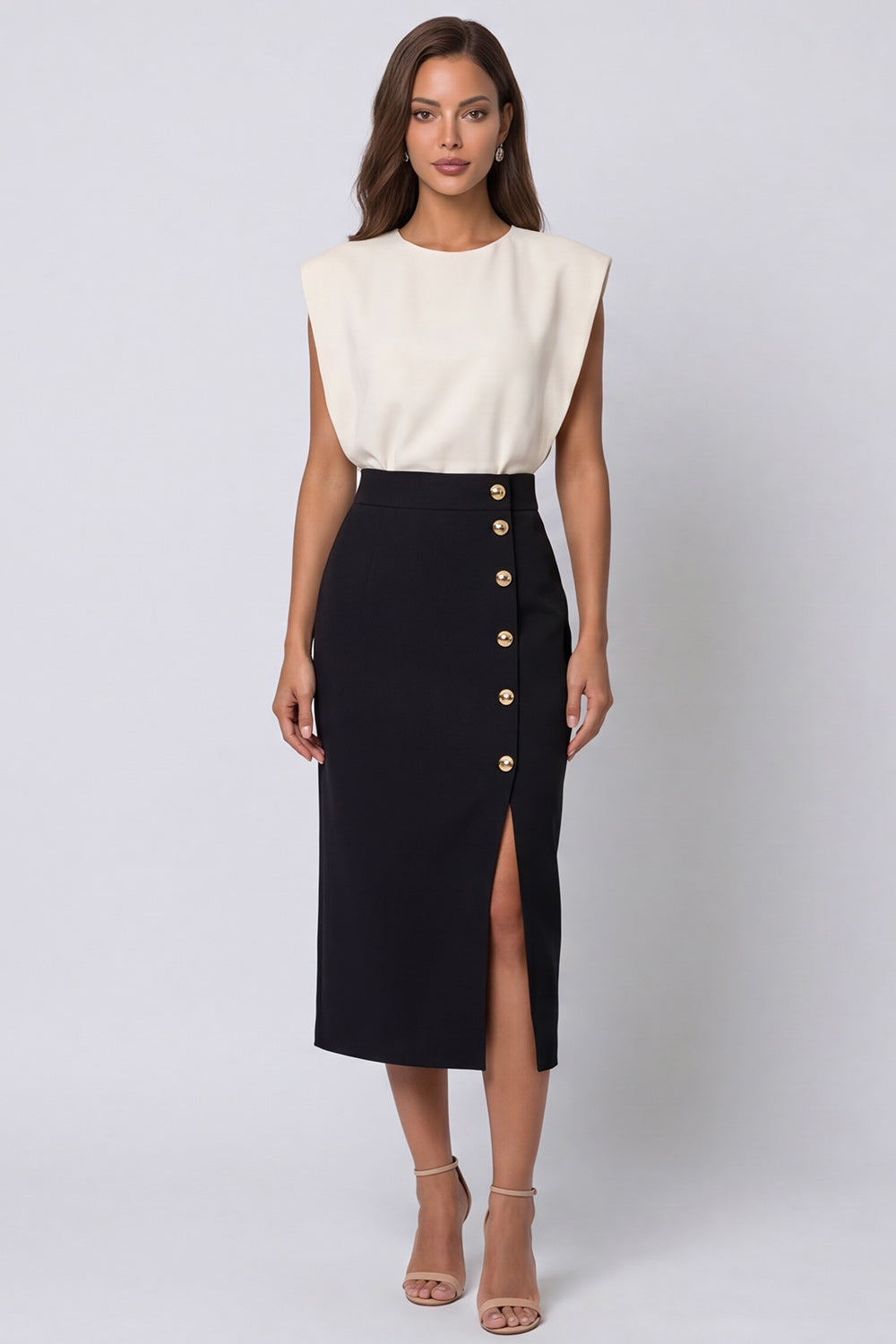 Berylove Women Colorblock Work Dress Ivory and Black Round Neck Bodycon Midi Business Dress with Slit, Ivory and Black / US6