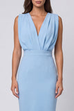 Sky Blue Ruched Bodycon Mini Work Dress with Slit